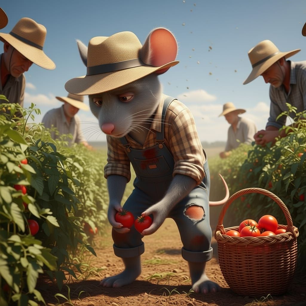Tired Farm Mouse Picks Tomatoes on Sunny Day