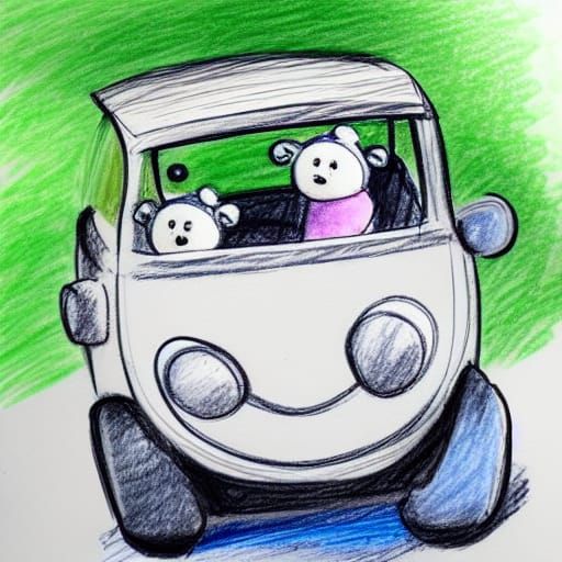 Teddy Bears in Toy Car: Watercolor Pencil Sketch