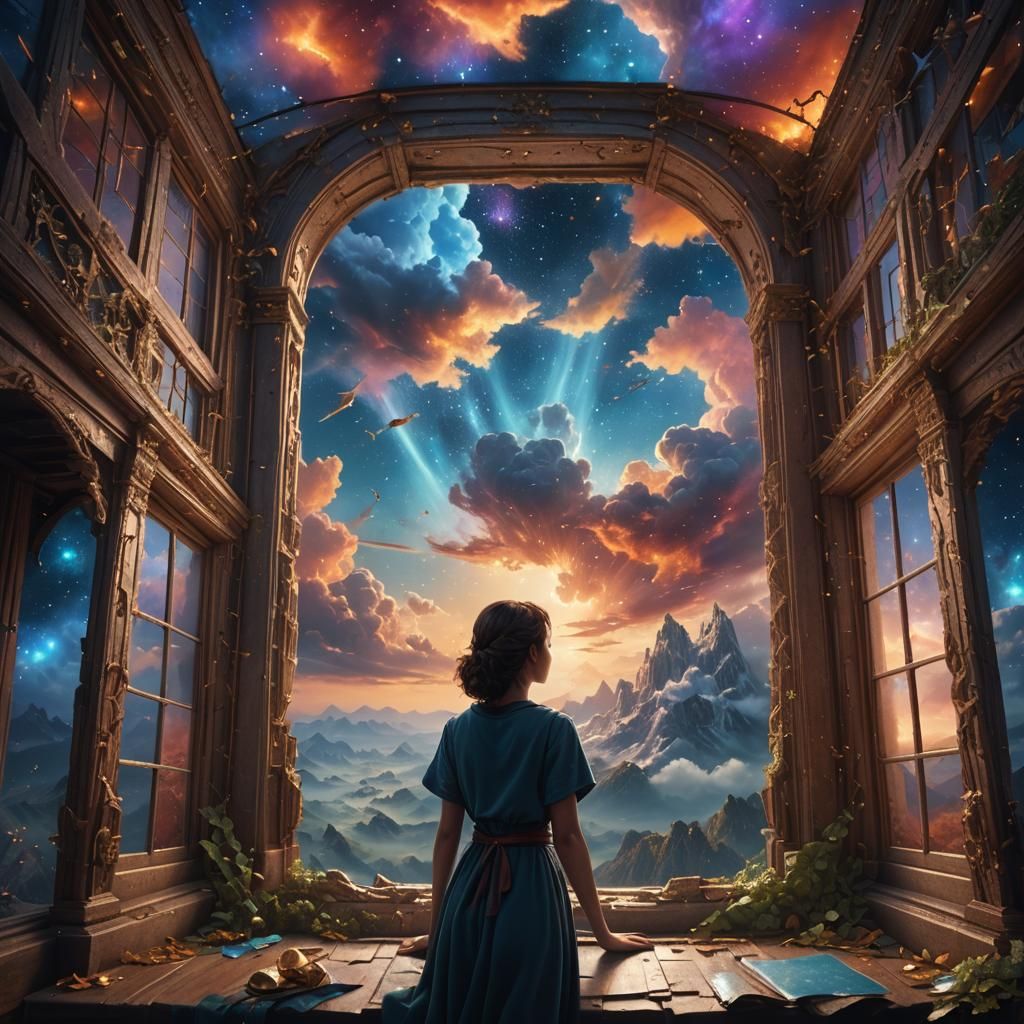 Woman Gazes at Fantasy Sky: Detailed Matte Painting
