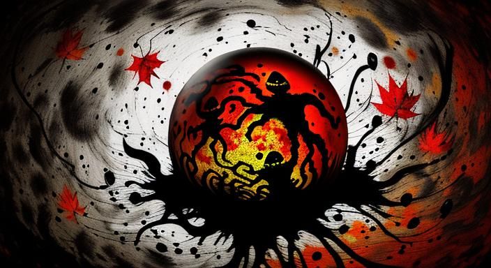 Halloween Ghoul in Glass Sphere: Ink Splatter Art