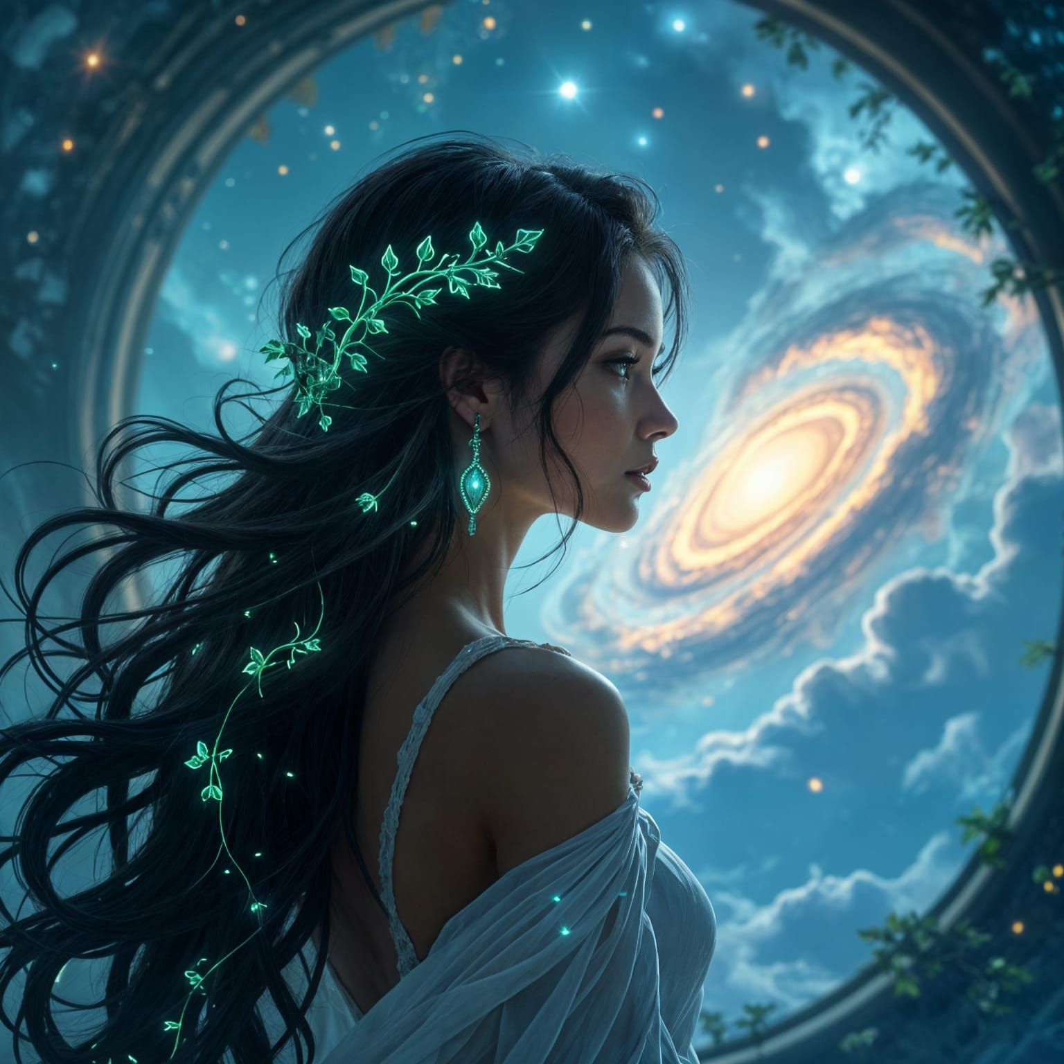 Art Nouveau Cyberpunk Woman in Cosmic Nebula