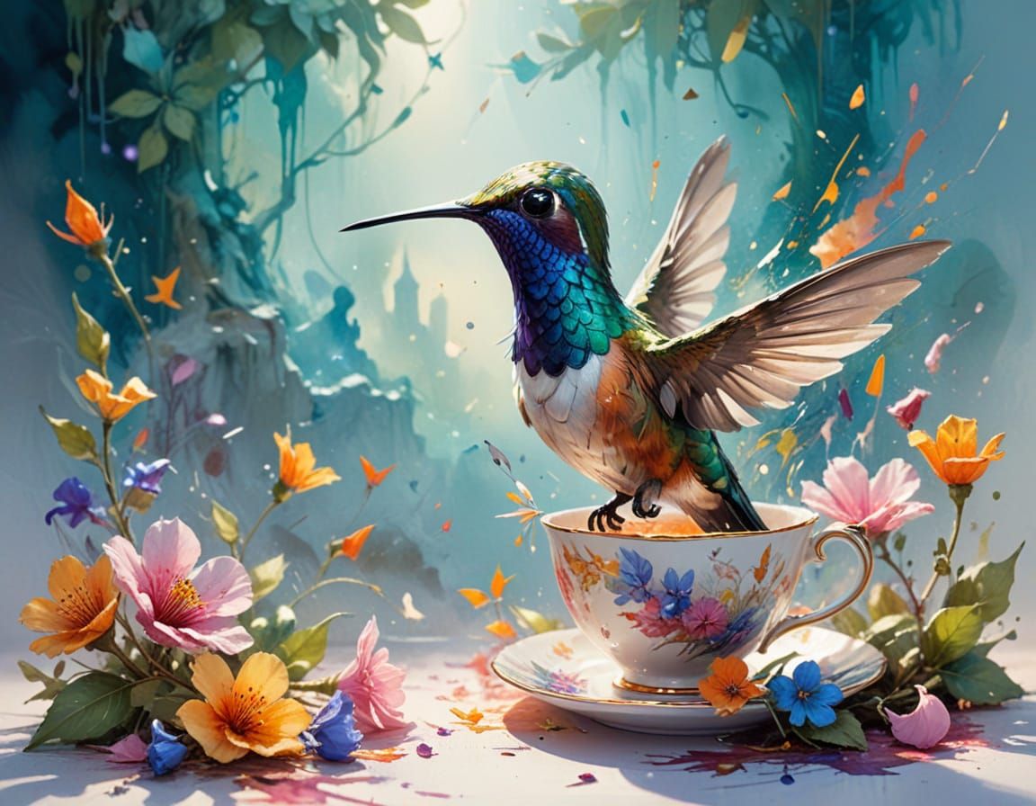 Hummingbird and Teacup in Neo-Impressionist Style
