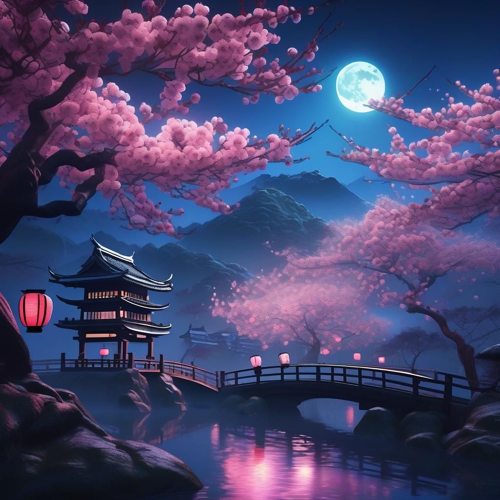 Blooming Cherry Blossoms in Japanese Fantasy Landscape