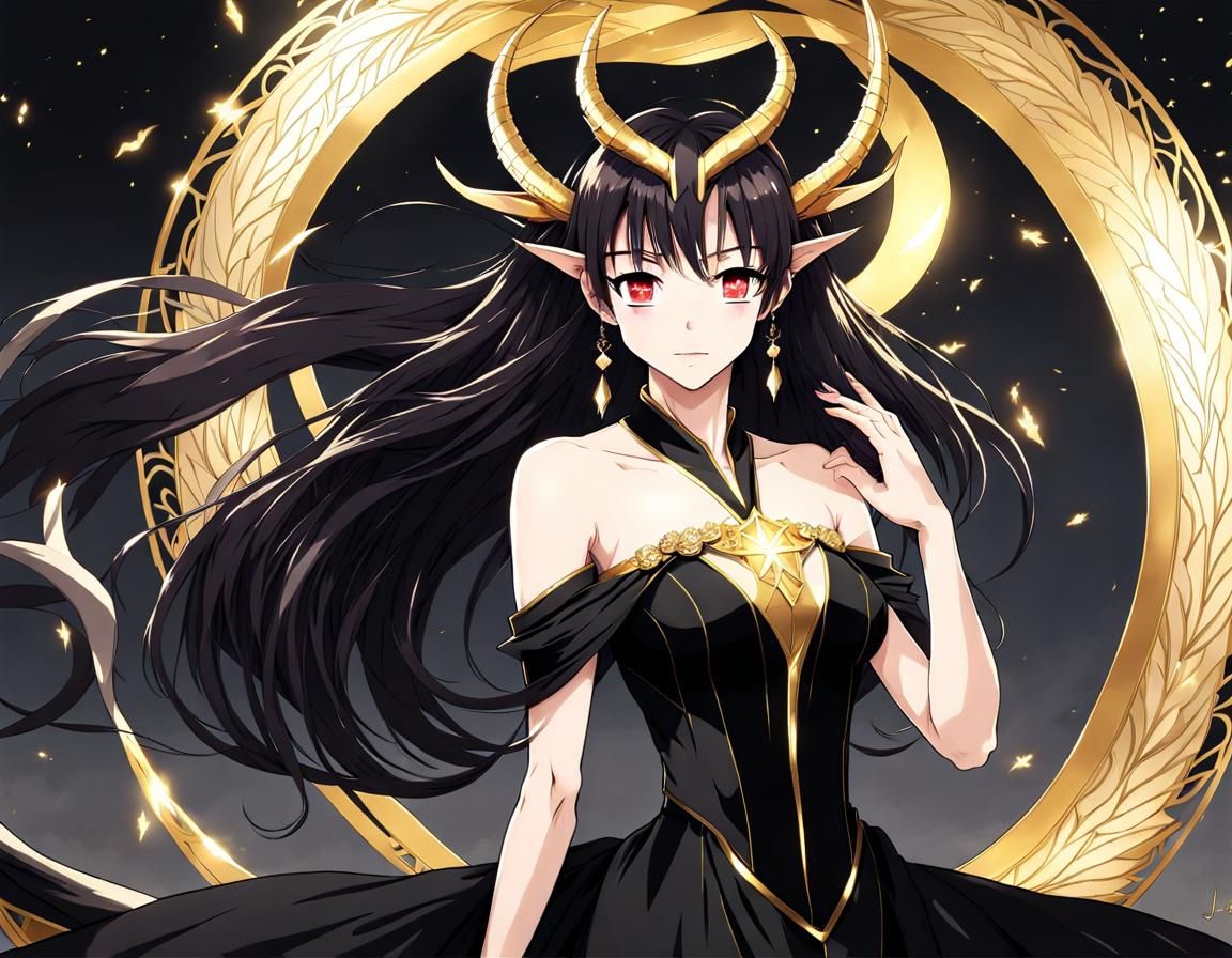 Dragon Woman in Black Dress, Anime Style