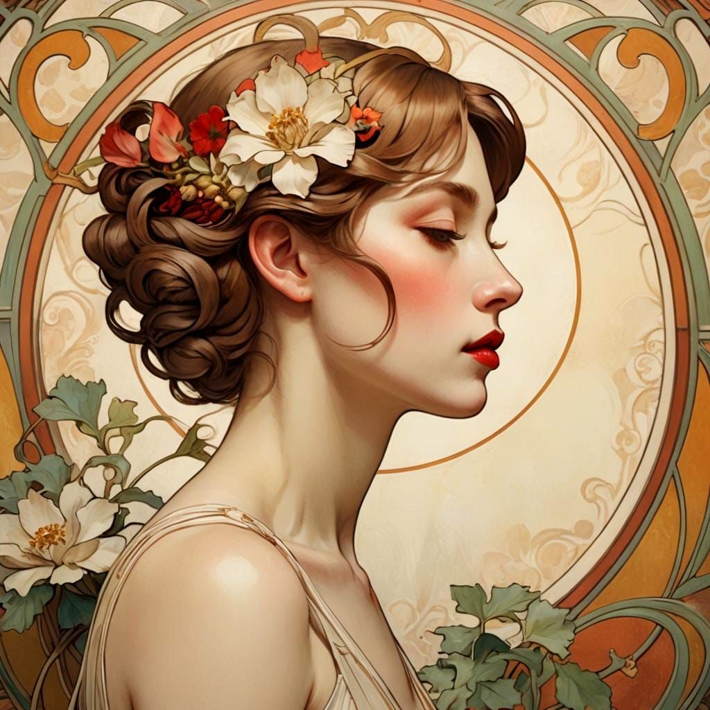 Art Nouveau Woman with Floral Hairpiece