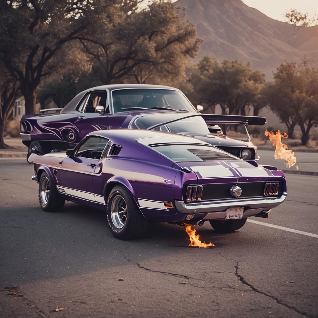 Purple and White 1970 Ford Mustang Fastback with a spoiler a...