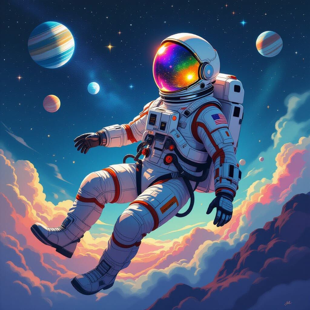 Astronaut in Spacesuit Amidst Cosmic Landscape