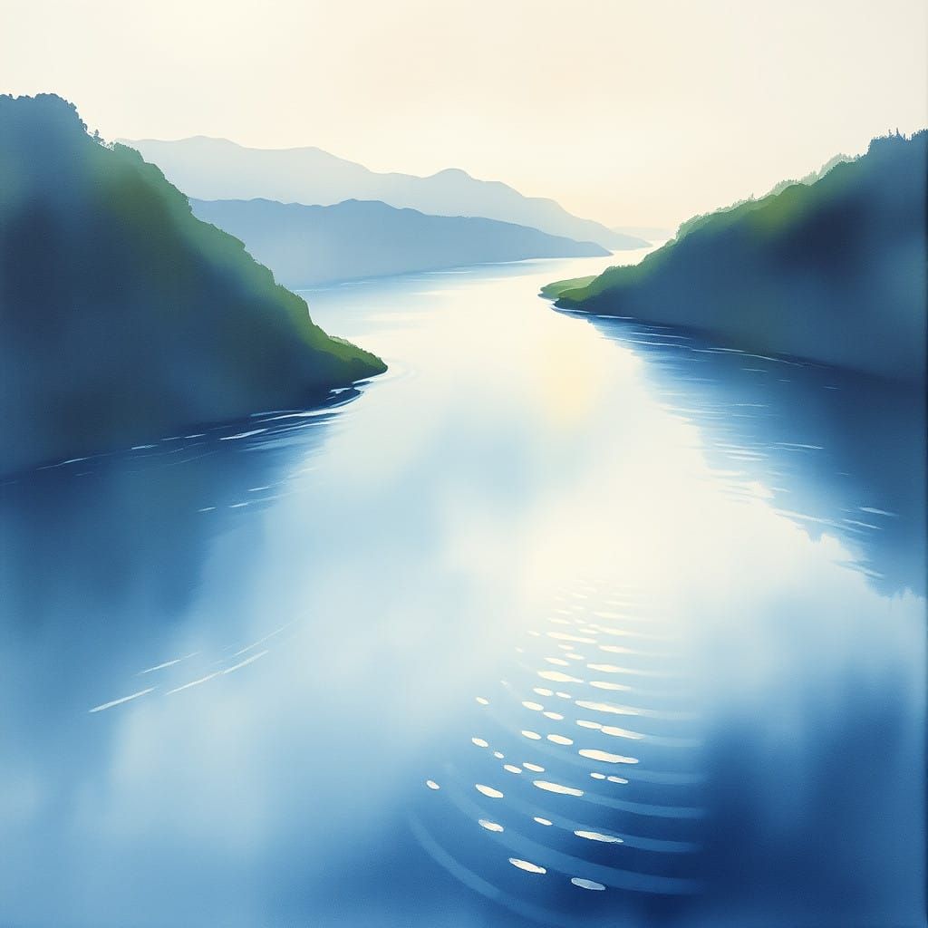 Dreamy Watercolor River Landscape