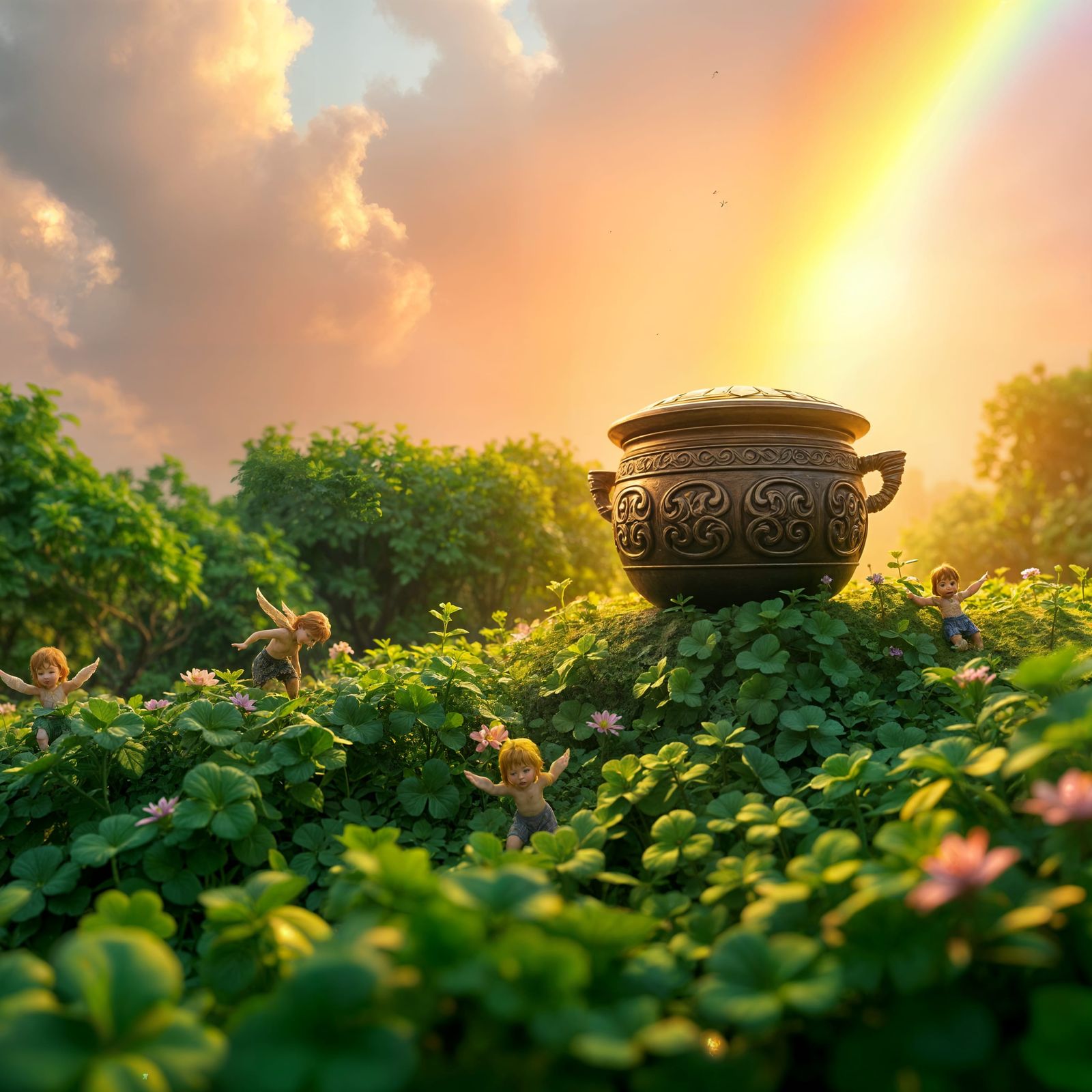 Celtic Garden with Elves and Rainbow: 3D Digital Art