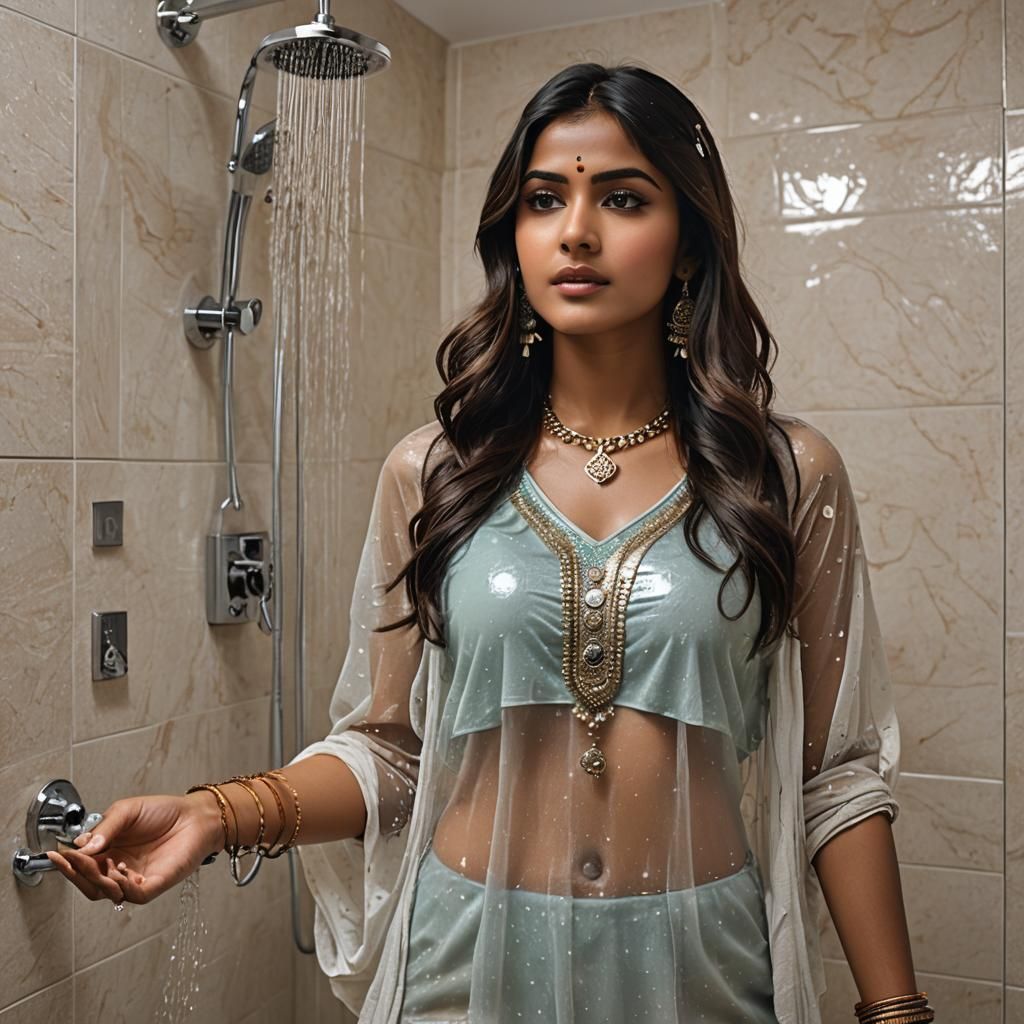 Beautiful Indian Woman Showering: Cinematic Film Still