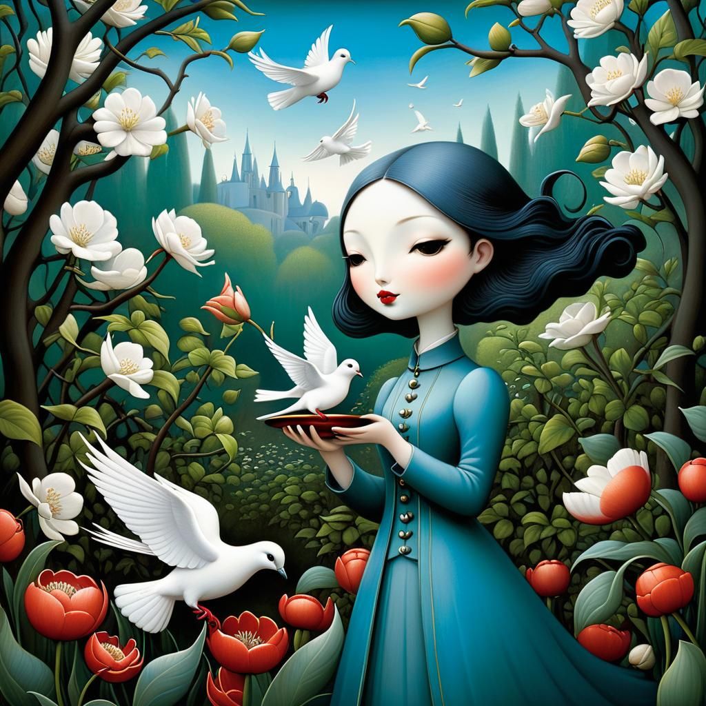 Girl with Dove in Spring Garden, Illustrated Style