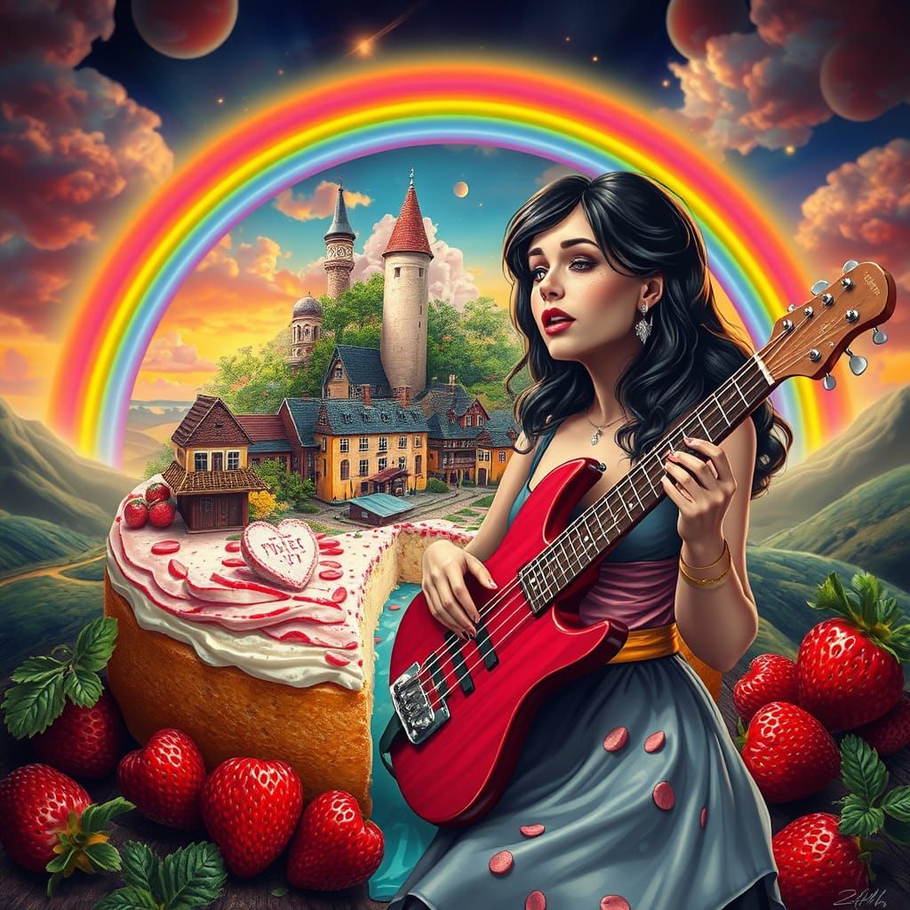 Singing Woman in Cheesecake Village Above Strawberry Rainbow