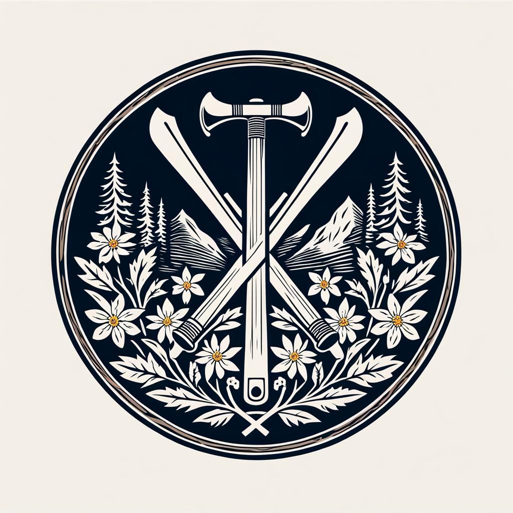 minimalist woodcut logo. Crossed hammers and a ski patrol sy...