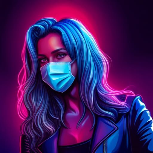 Girl in Mask with Neon Glow, Hyperrealistic Portrait