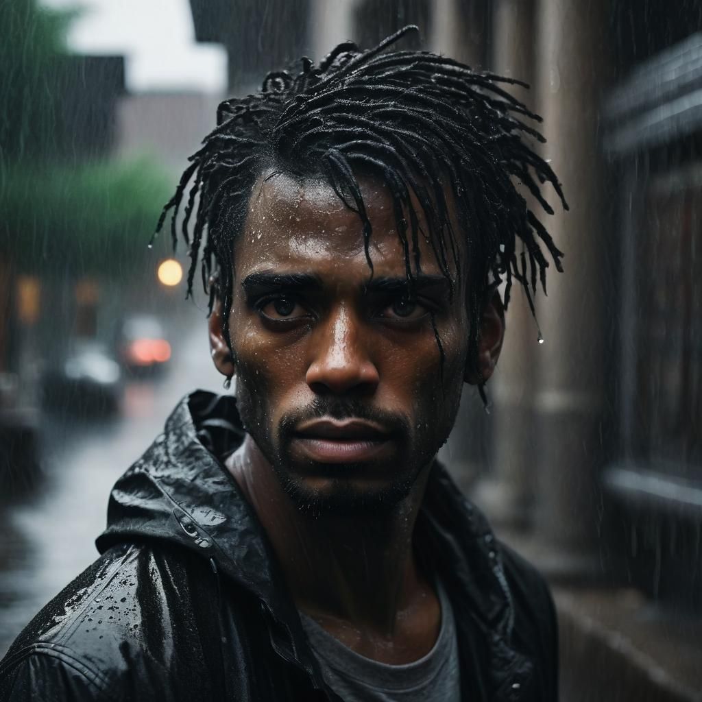 Cyberpunk Boy in Rain: Moody Urban Portrait