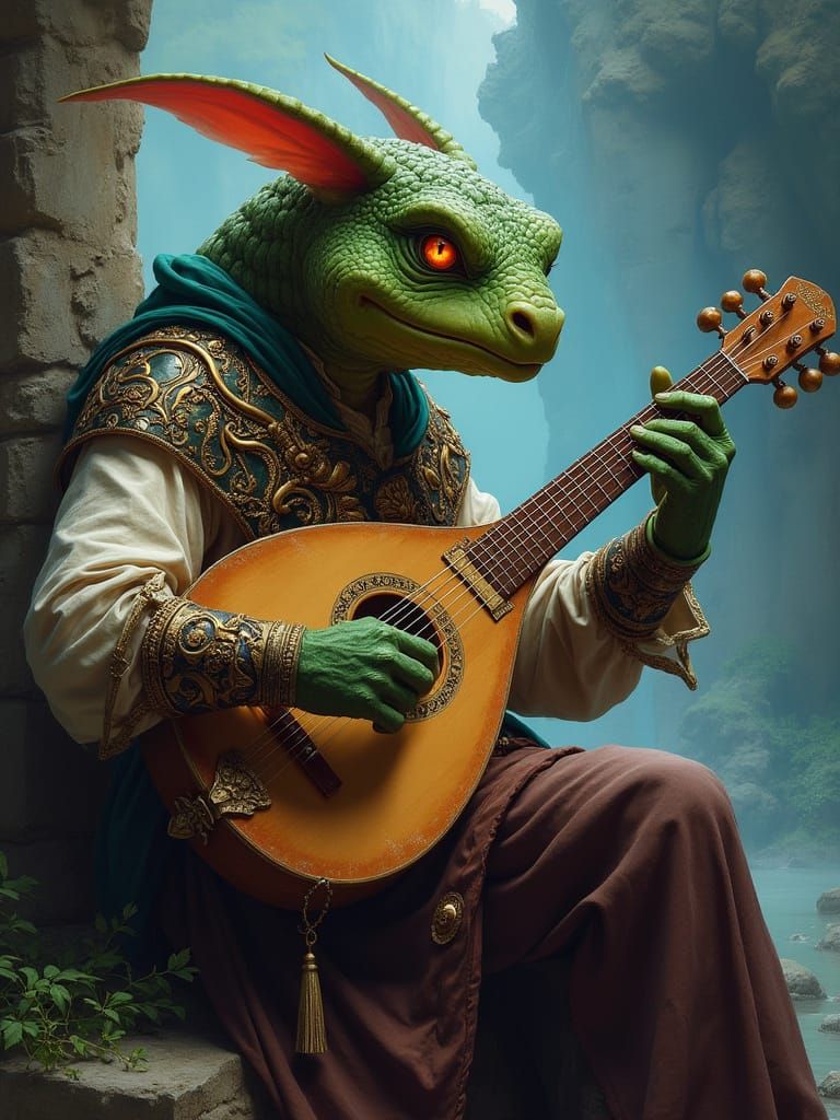 Dragonborn Bard Sings with Lute in Epic Fantasy Style