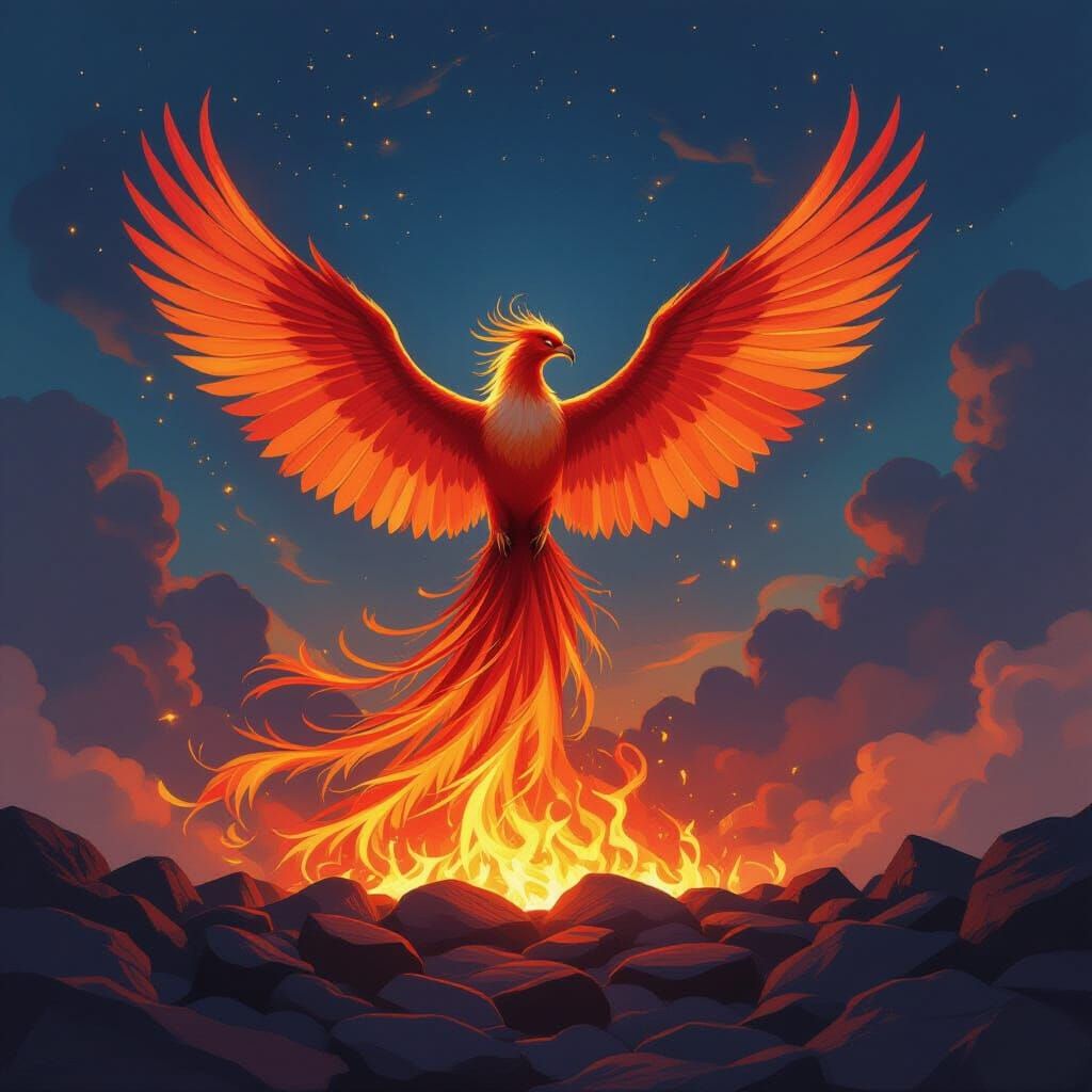Majestic Phoenix Rises from Embers in Twilight Sky