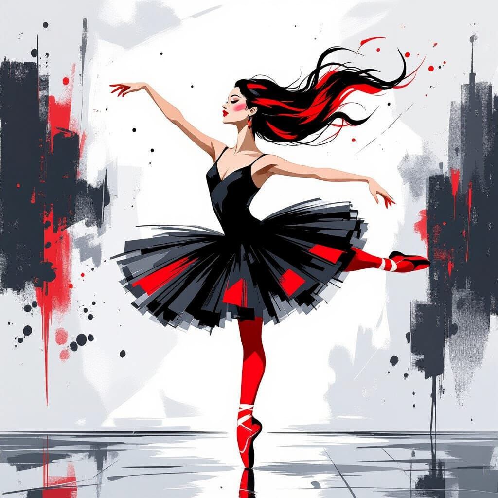Cubist Ballerina in Dynamic Pose with Red Accents