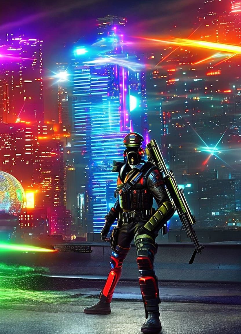 Biopunk Bounty Hunter in Futuristic Cityscape