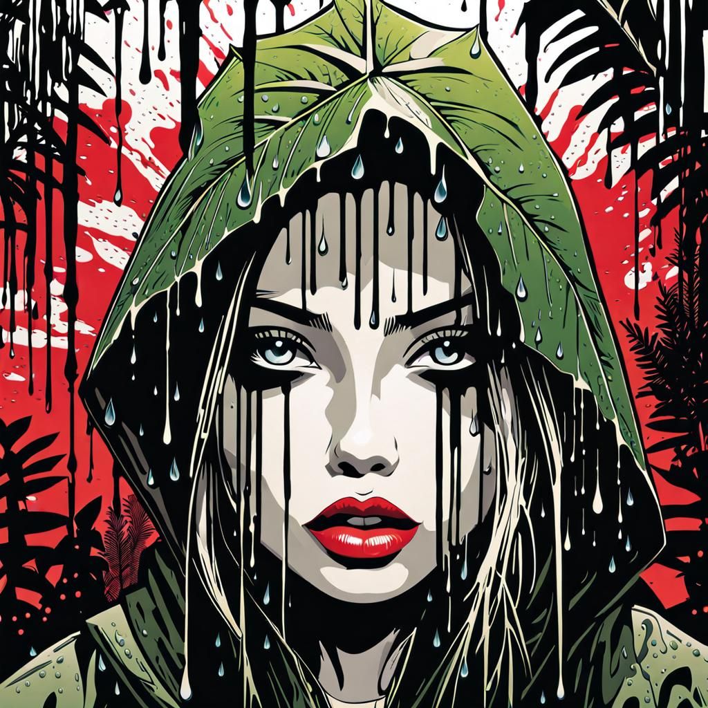 Rainy Graffiti Mural of Girl in Urban Jungle