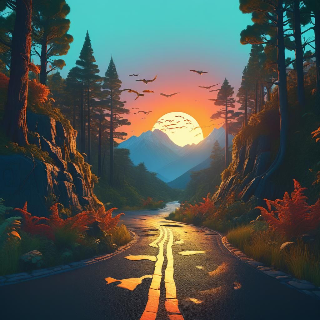 Ethereal Sunset Landscape with Winding Road and Mystical Cre...