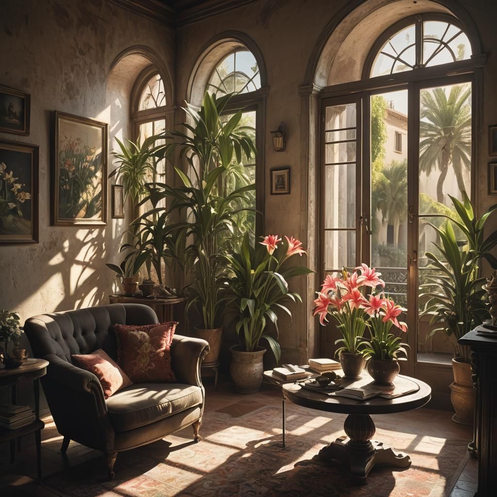 Sunlit Interior with Lilies: A Matte Painting