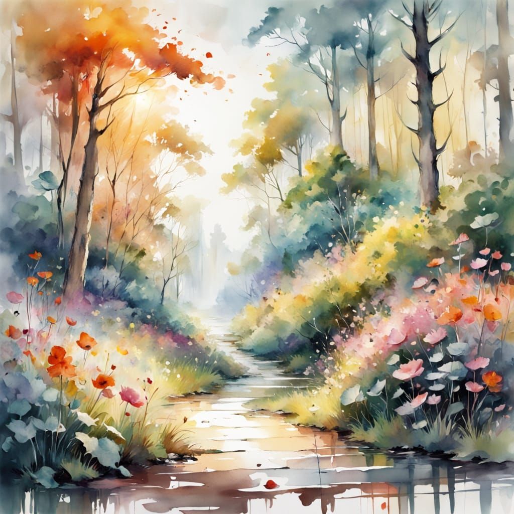 Sunlit Forest Path in Watercolour Painting Style