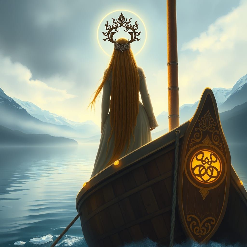 Viking Princess on Mystical Boat in Pre-Raphaelite Style