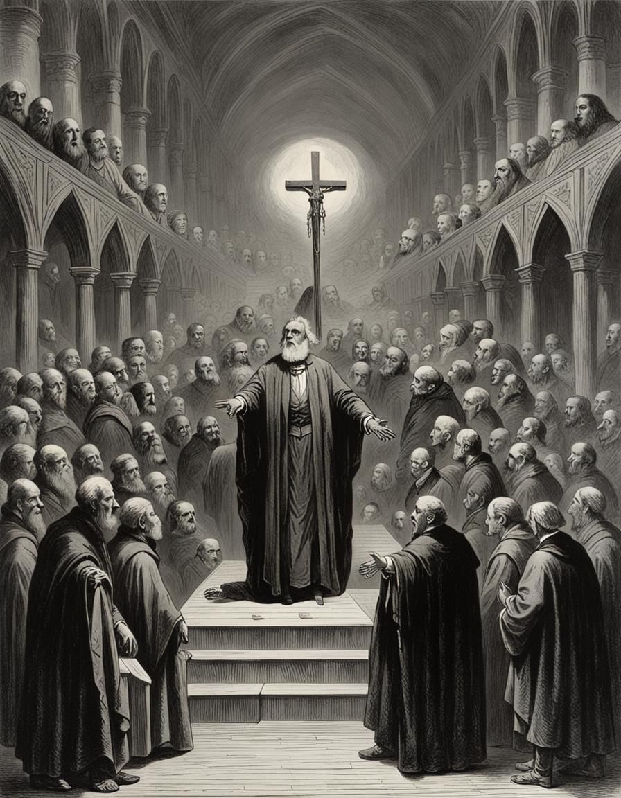 Satirical Scene of Blind Faith, in Dark Fantasy Style