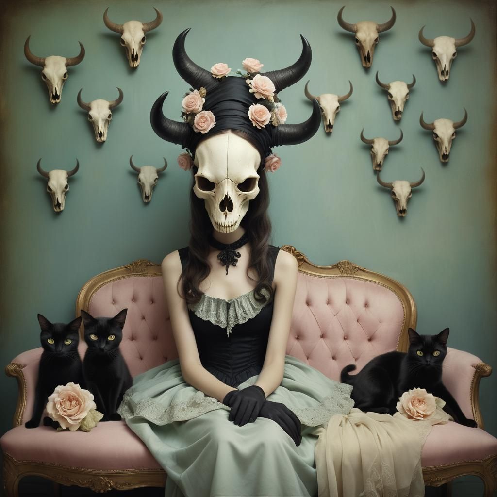 Woman with Cow Skull and Cats, Fine Detail