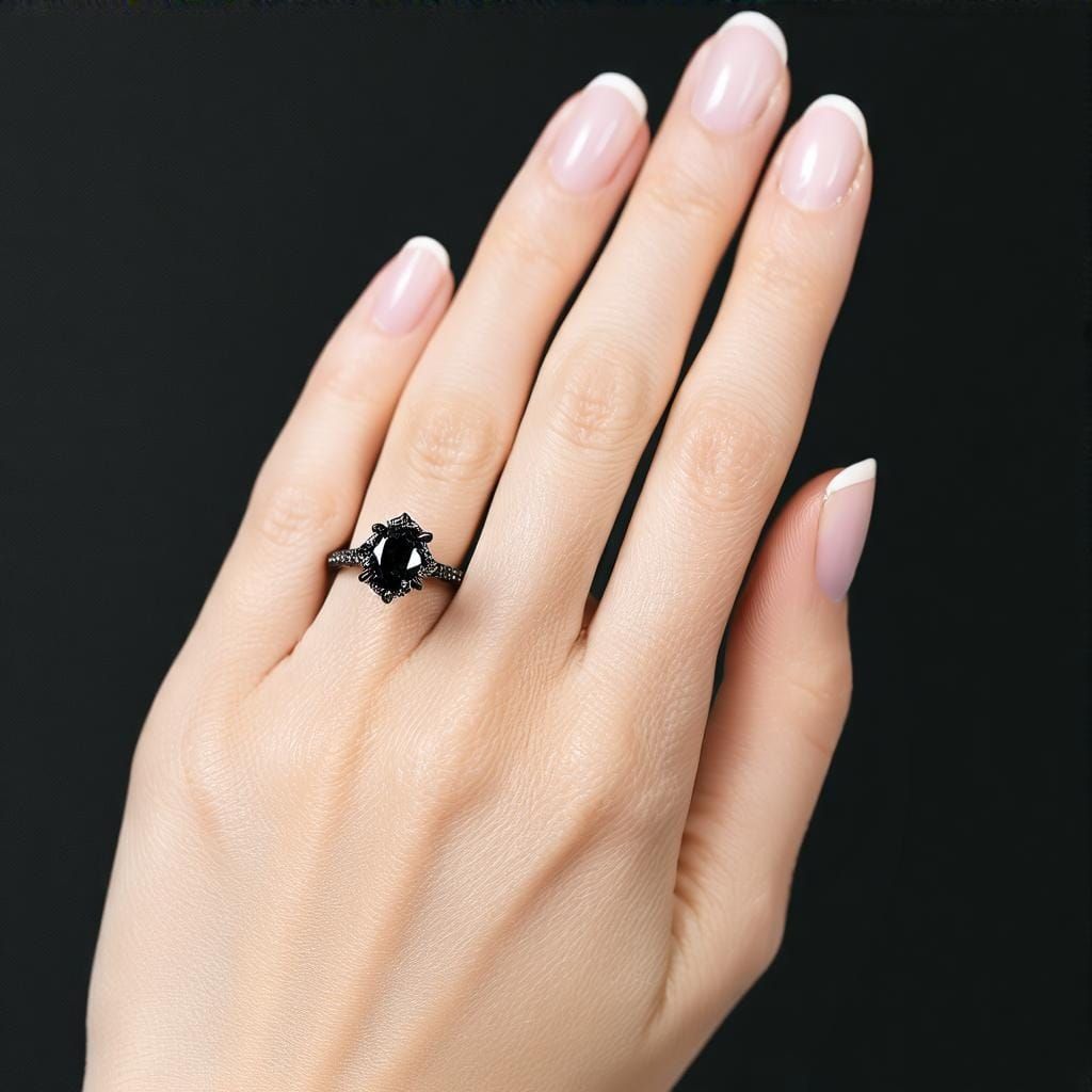 Luxurious Black Diamond Engagement Ring Worn by a Woman's Ha...