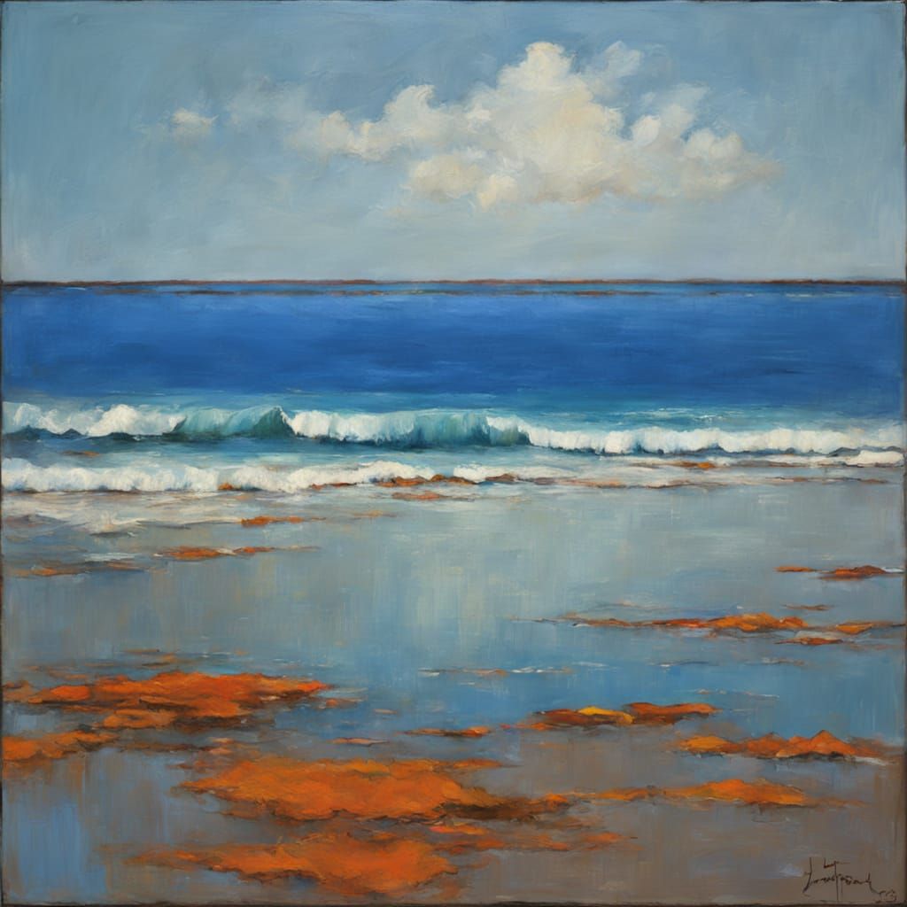 Surrealist Oil Painting of Wavy Blue Oceanscape