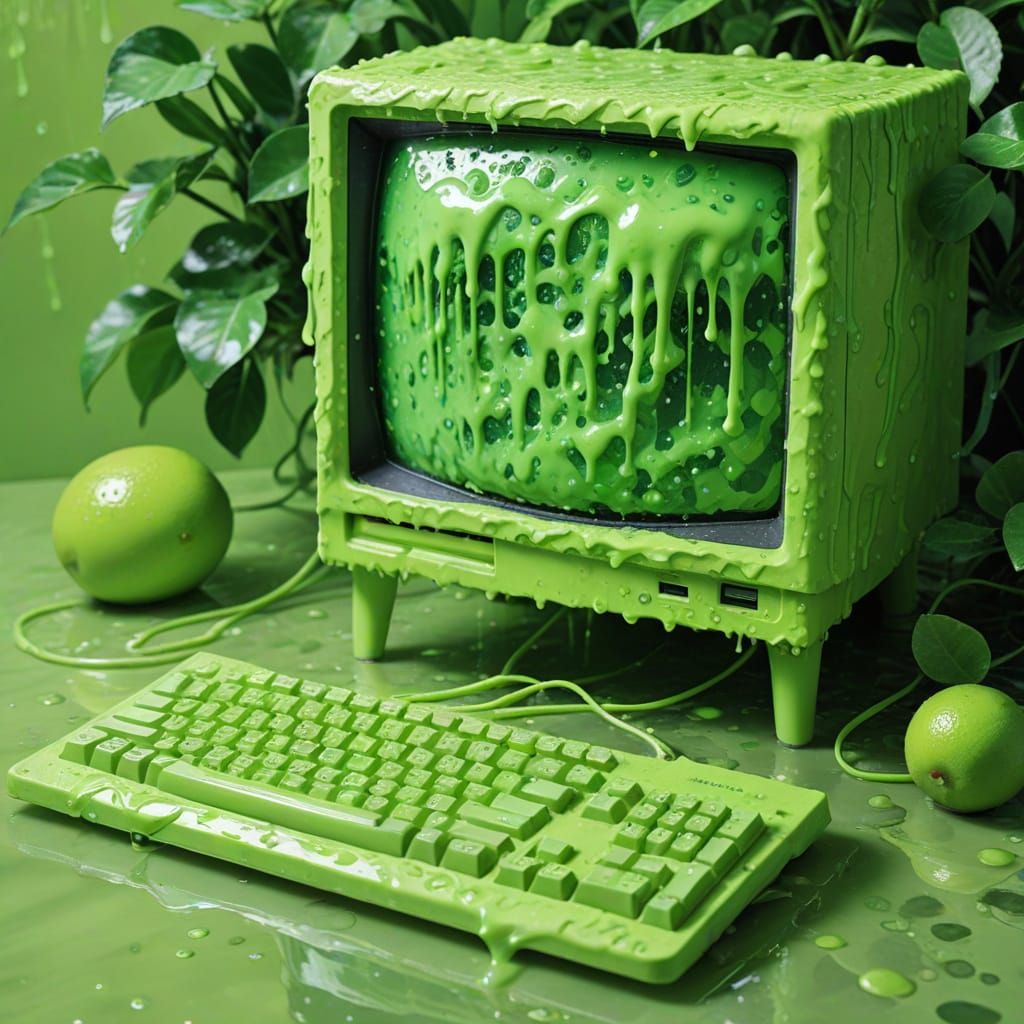 Slimy Lime Green Computer with Watery Japanese Aesthetic