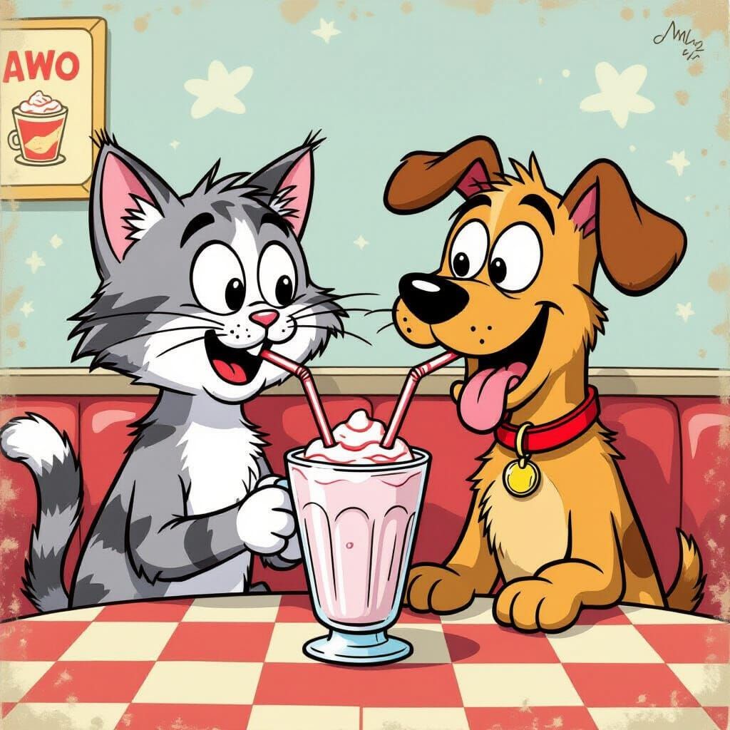 Cartoon Cat and Dog Share Milkshake in Vintage Style