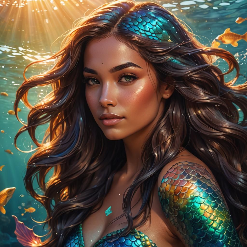 Brunette Mermaid Portrait in Vibrant Digital Art Style
