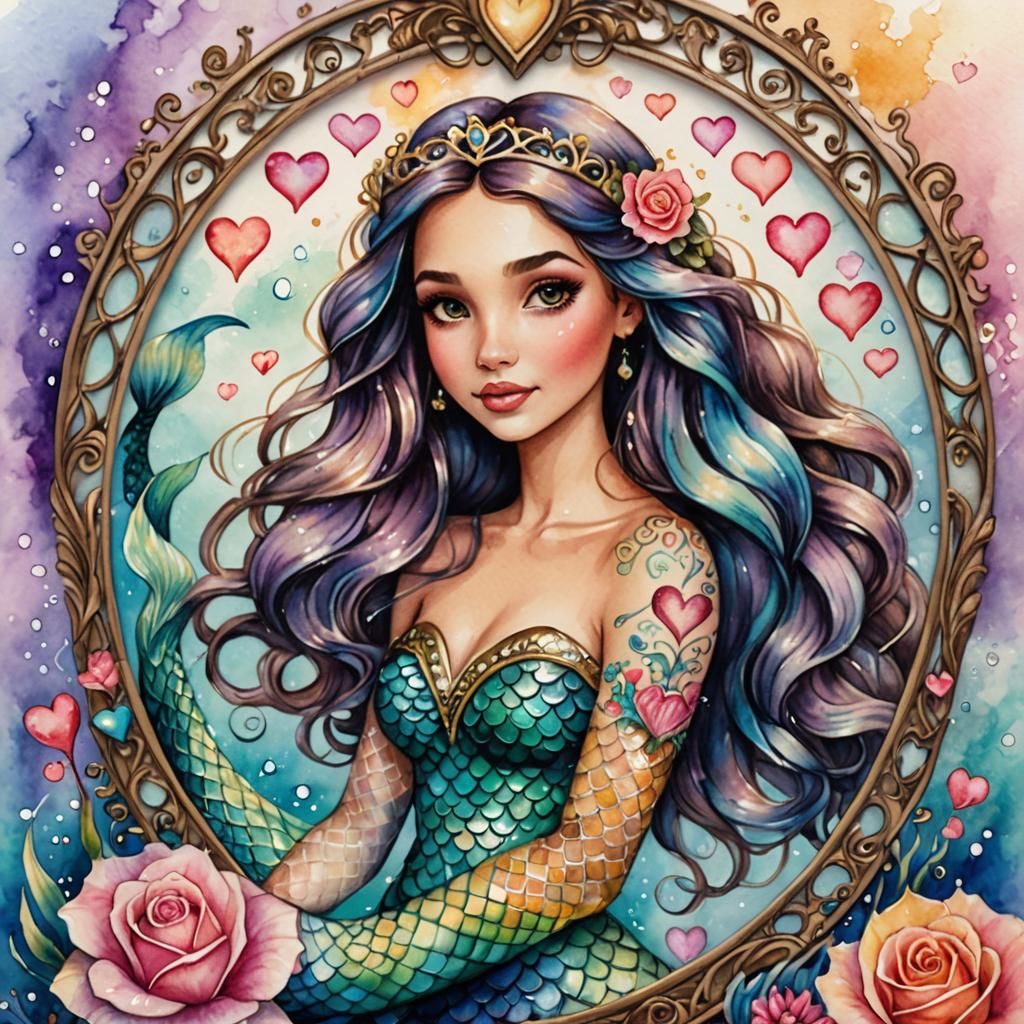 Princess Mermaid in Heart Frame: Watercolor Art
