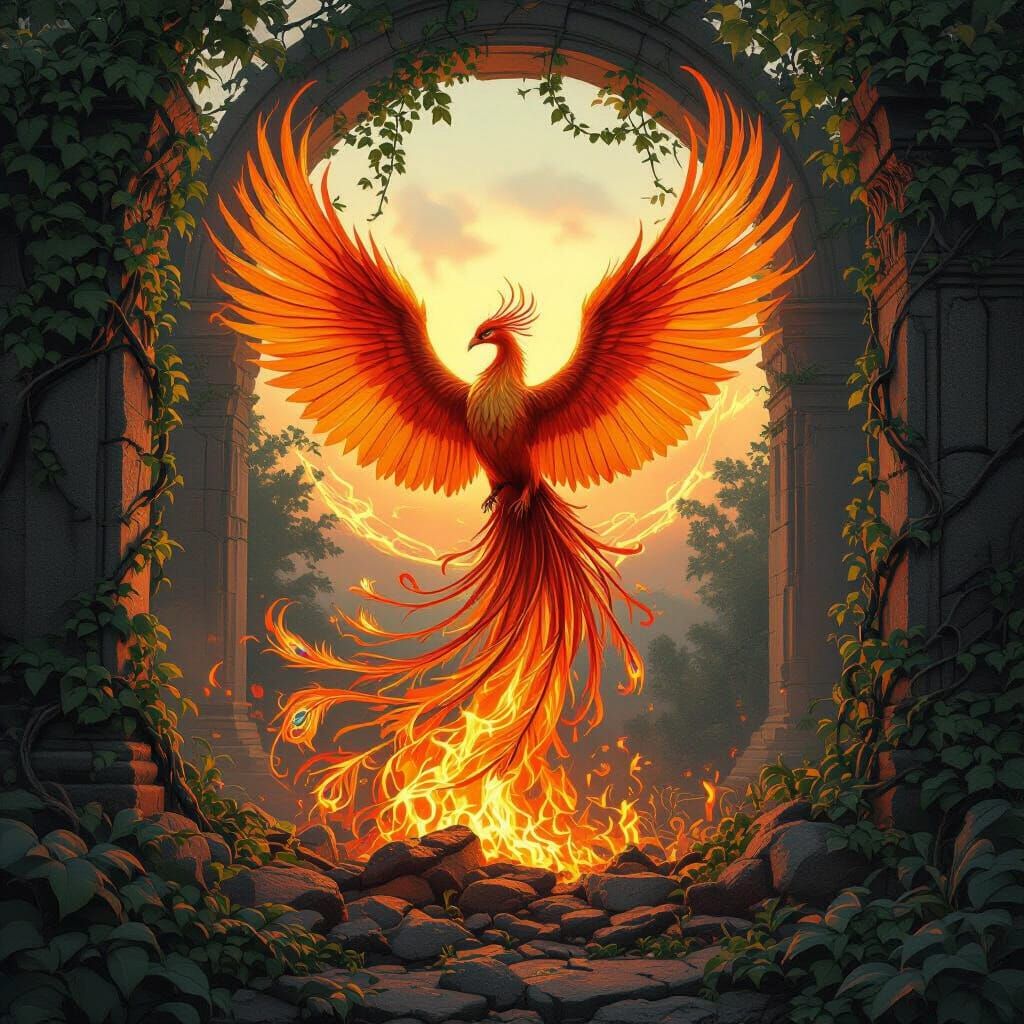 Phoenix Rising from Ashes: Hyperrealistic Art Nouveau