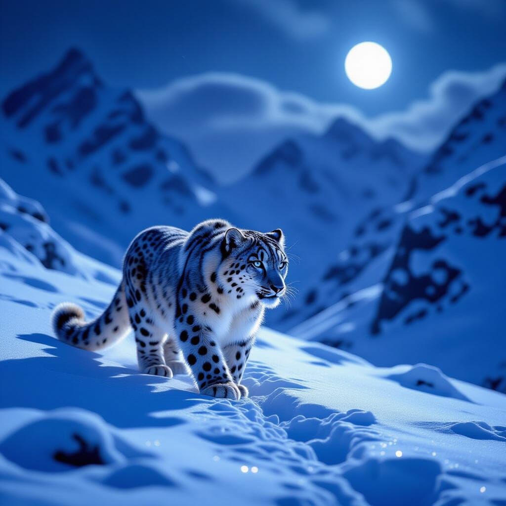 Majestic Snow Leopard in Dramatic Twilight Mountain Pass