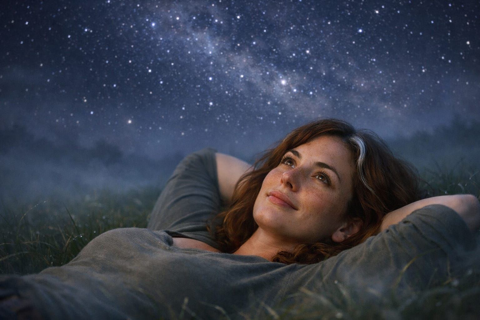 Woman Resting Under Starry Night Sky