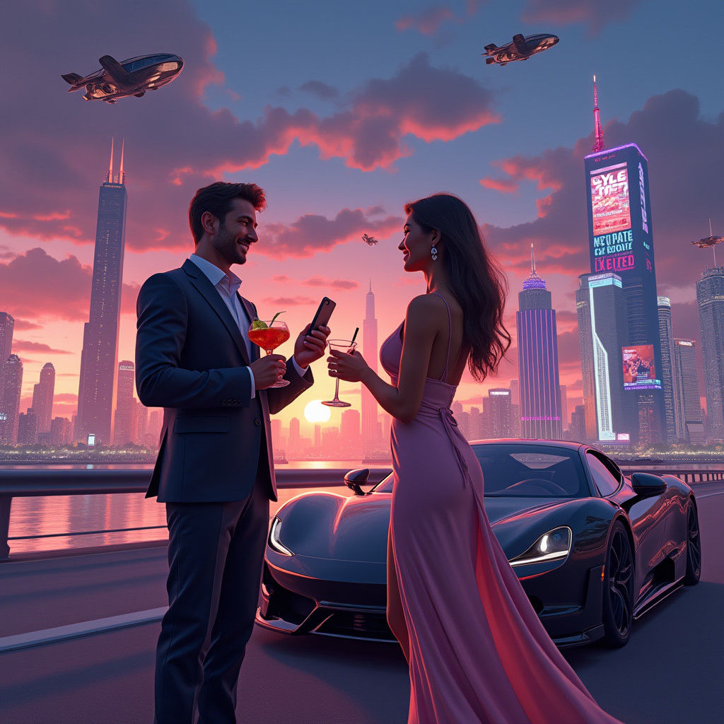 Crypto Trader's Futuristic Celebration in Neon Cityscape