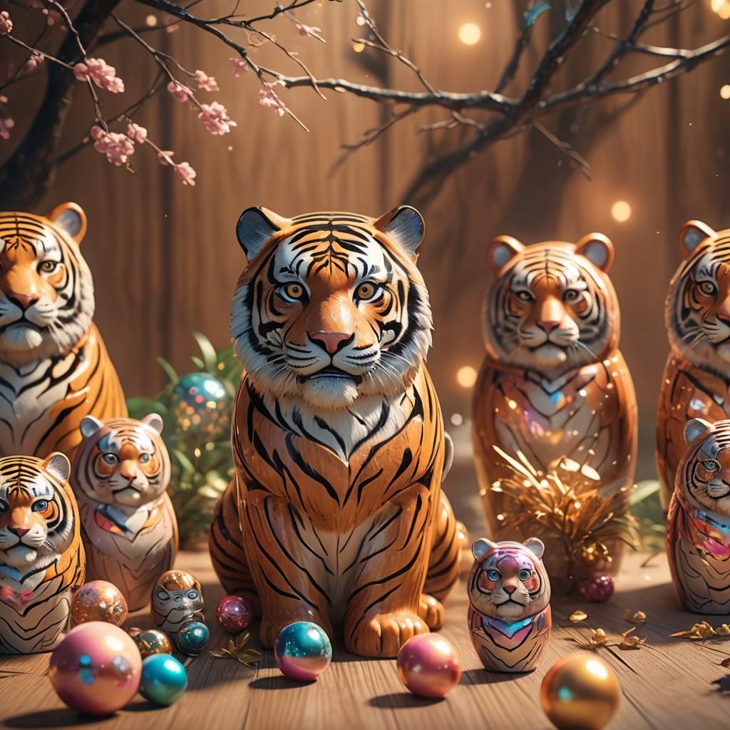 Realistic 3D Tiger Nesting Dolls in Holographic Mist