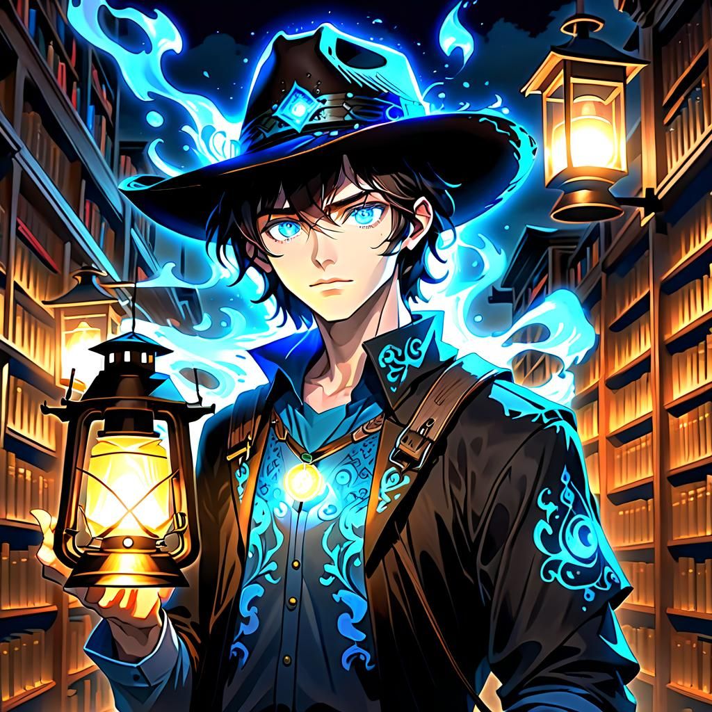 Young Man with Lantern in Dark Library