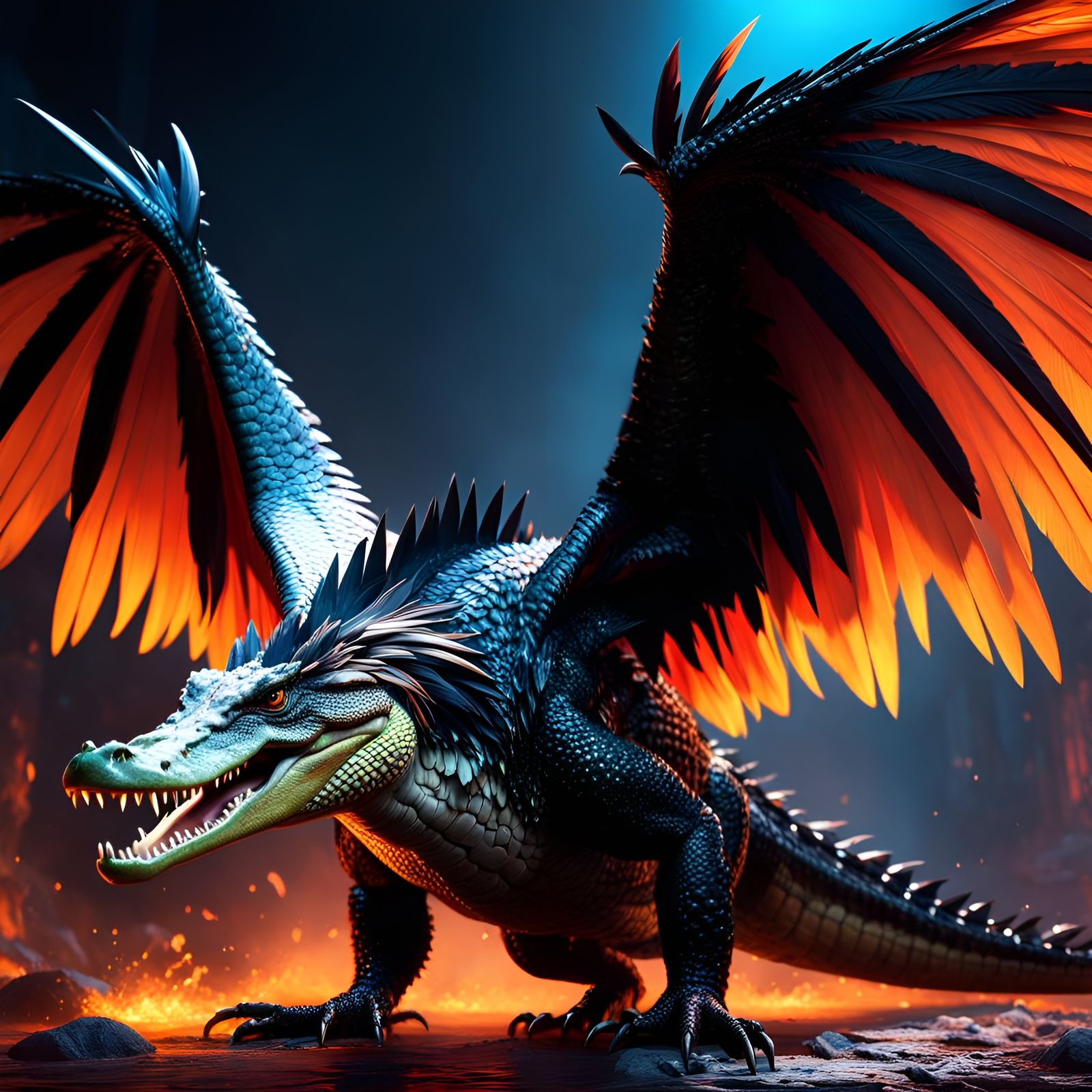 Hyperrealistic Nightmare Bird Crocodile with Fiery Backgroun...
