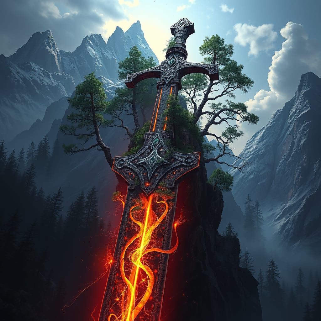 Fantasy Earthcaller Sword in Forest, with Bioluminescent Tre...