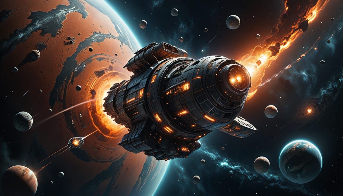 Spaceship Orbits Planet in Cosmic Digital Art