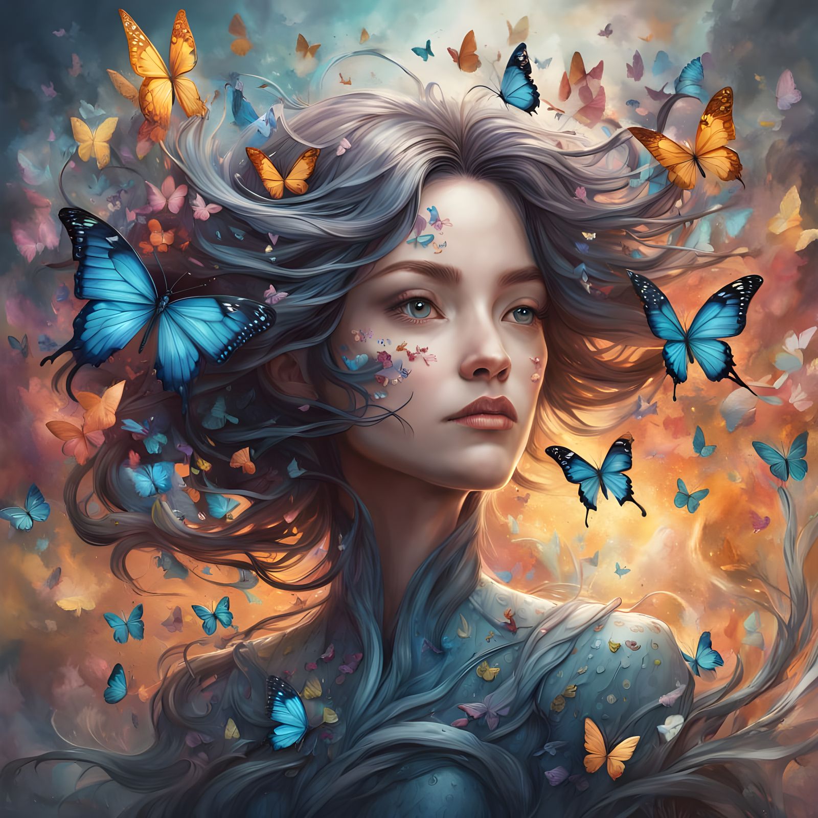 Ethereal Woman with Butterfly Hair in Airbrush Art