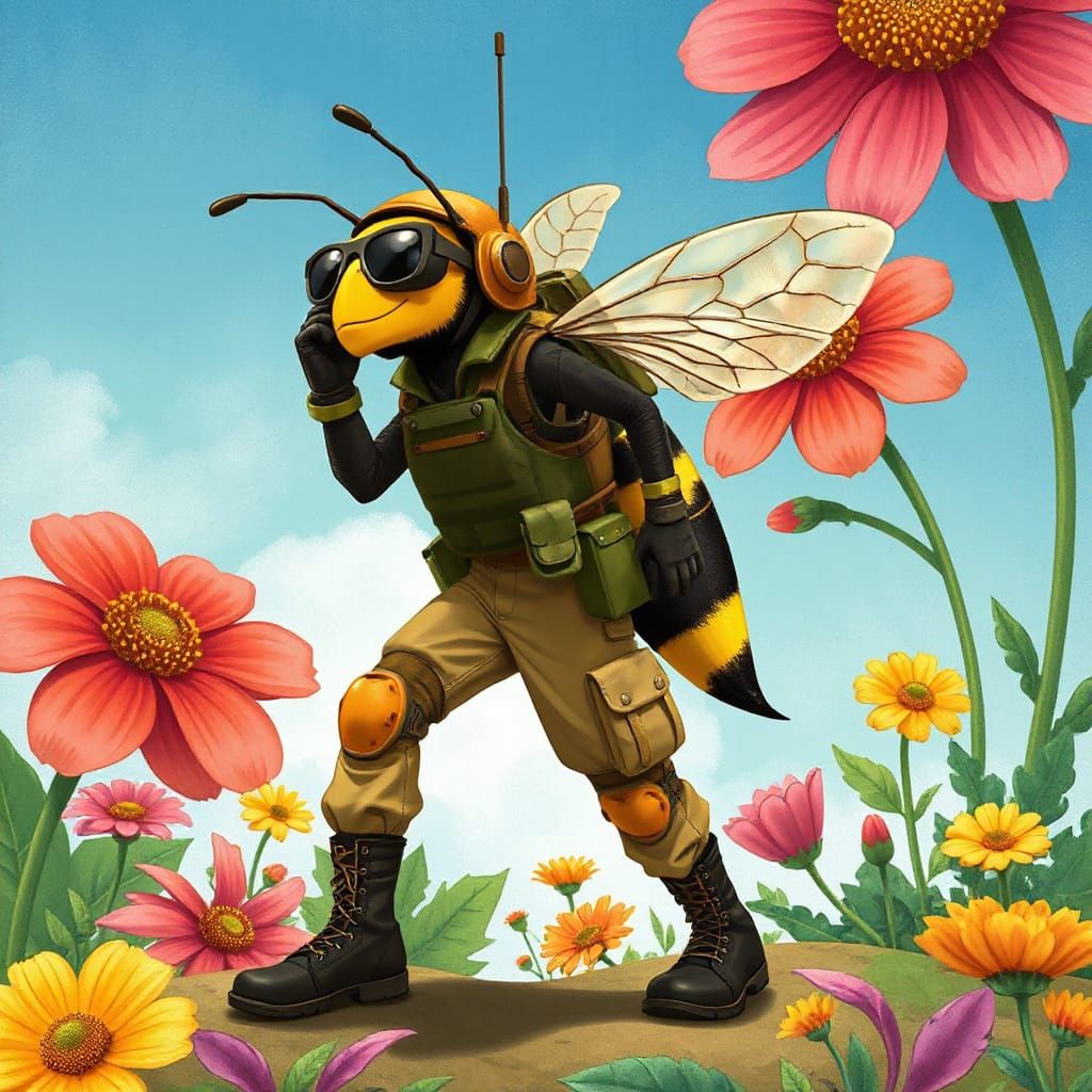 Tactical Bee Patrols Whimsical Floral Landscape