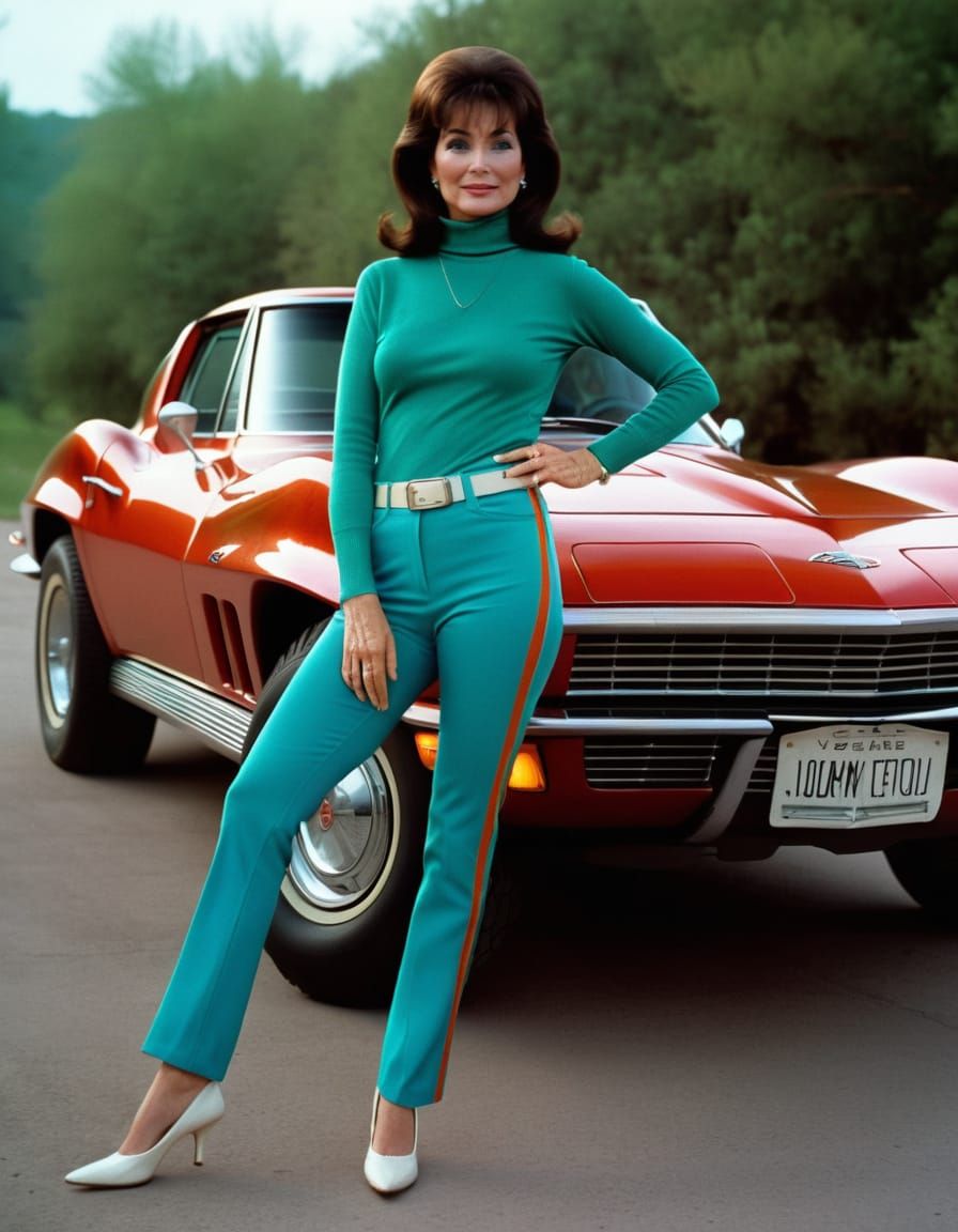 Surreal 1968 Pin-Up Girl with Metallic Red Corvette
