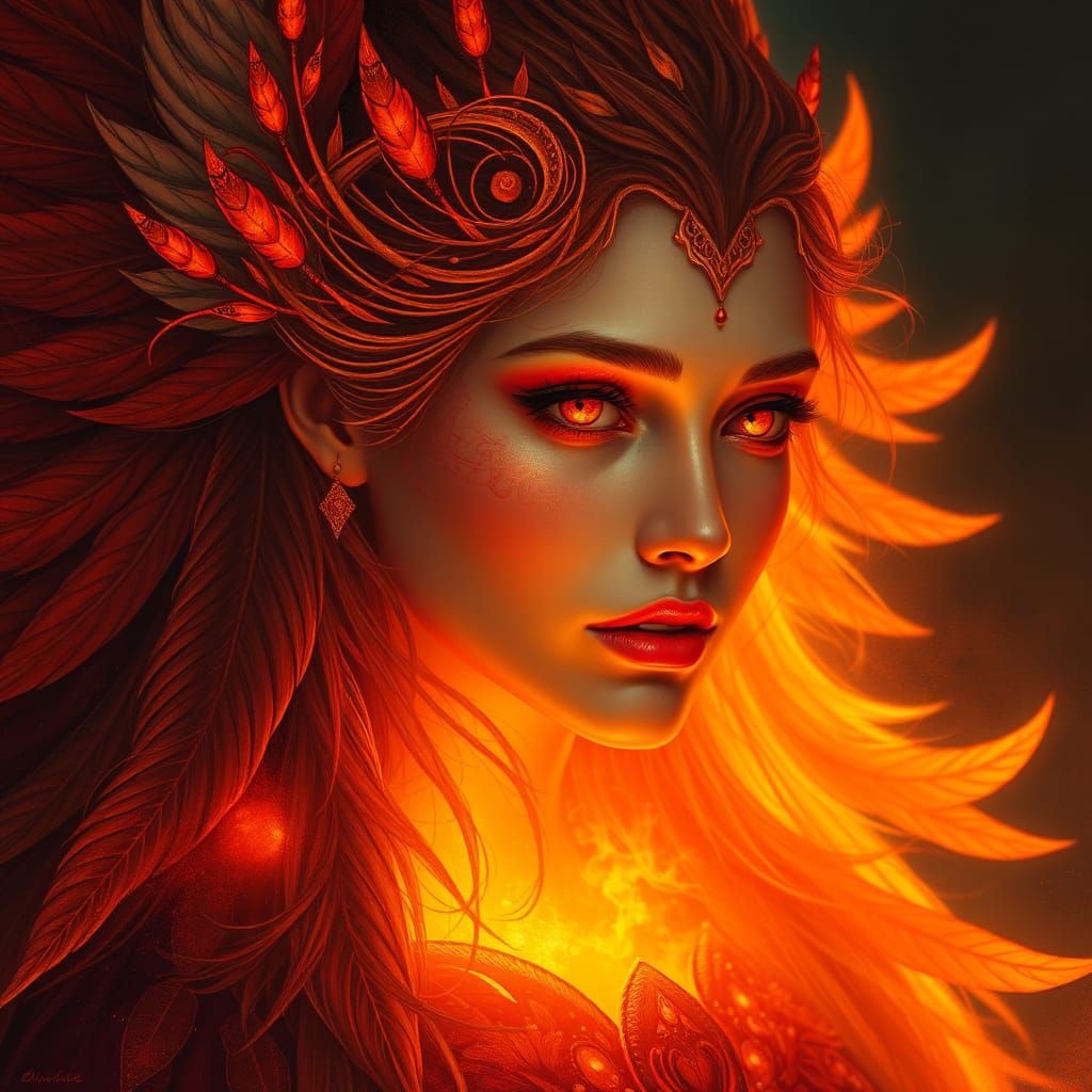 Mystical Phoenix Woman Portrait in Matte Painting Style