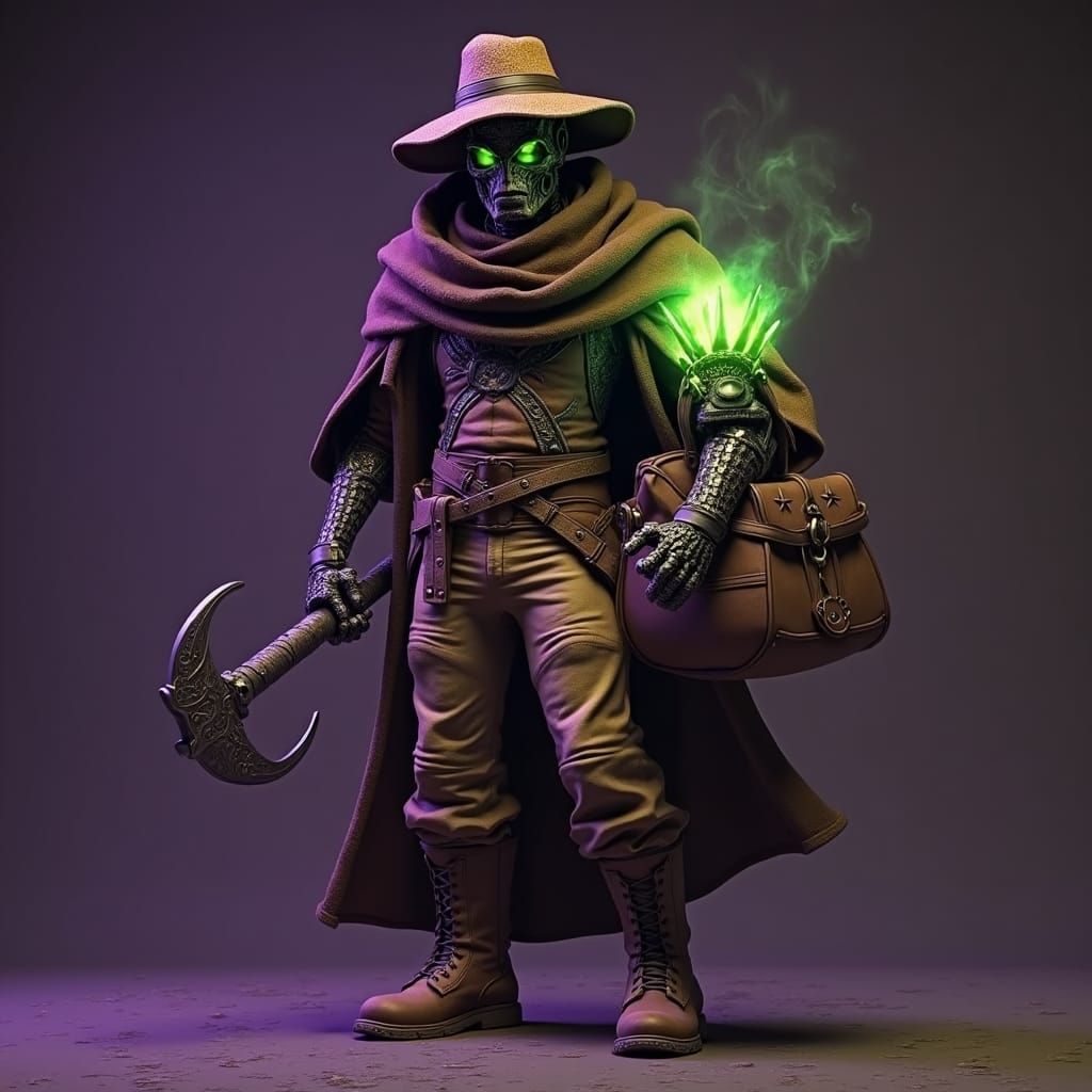 Warforged Robot Hero with Glowing Bag in Dark Fantasy Style